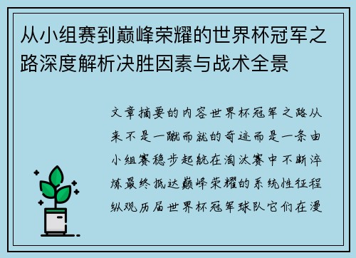 从小组赛到巅峰荣耀的世界杯冠军之路深度解析决胜因素与战术全景 从小组赛到巅峰荣耀的世界杯冠军之路深度解析决胜因素与战术全景